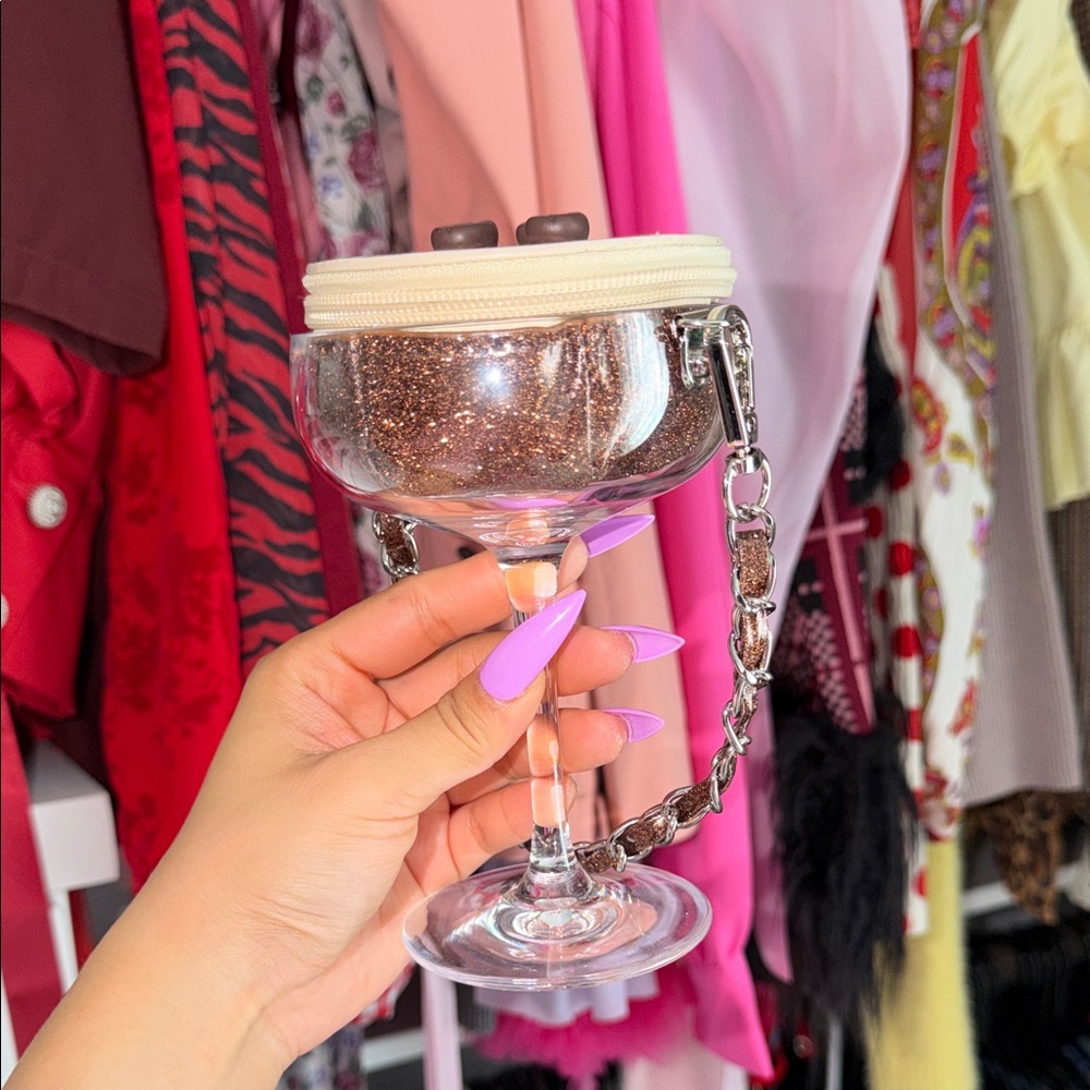 Glittery Brown Cup-Shaped Purse with Chain